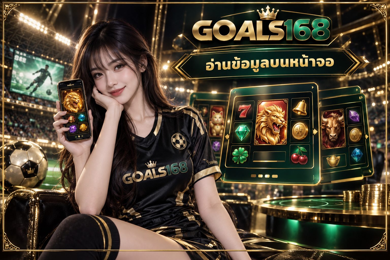 เกมสล็อตบนมือถือ — ผู้หญิงถือมือถือกับแผงข้อมูลจำลอง