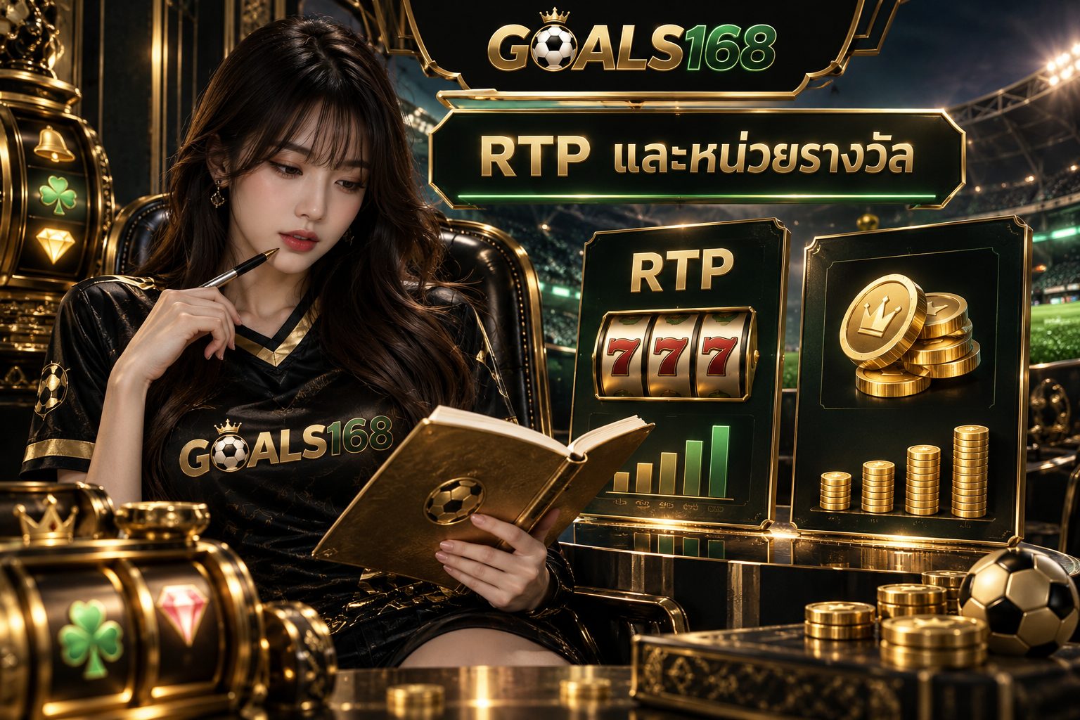 ตารางจ่ายเกมสล็อต — ผู้หญิงอ่านสมุดข้างแผง RTP และหน่วยรางวัลจำลอง