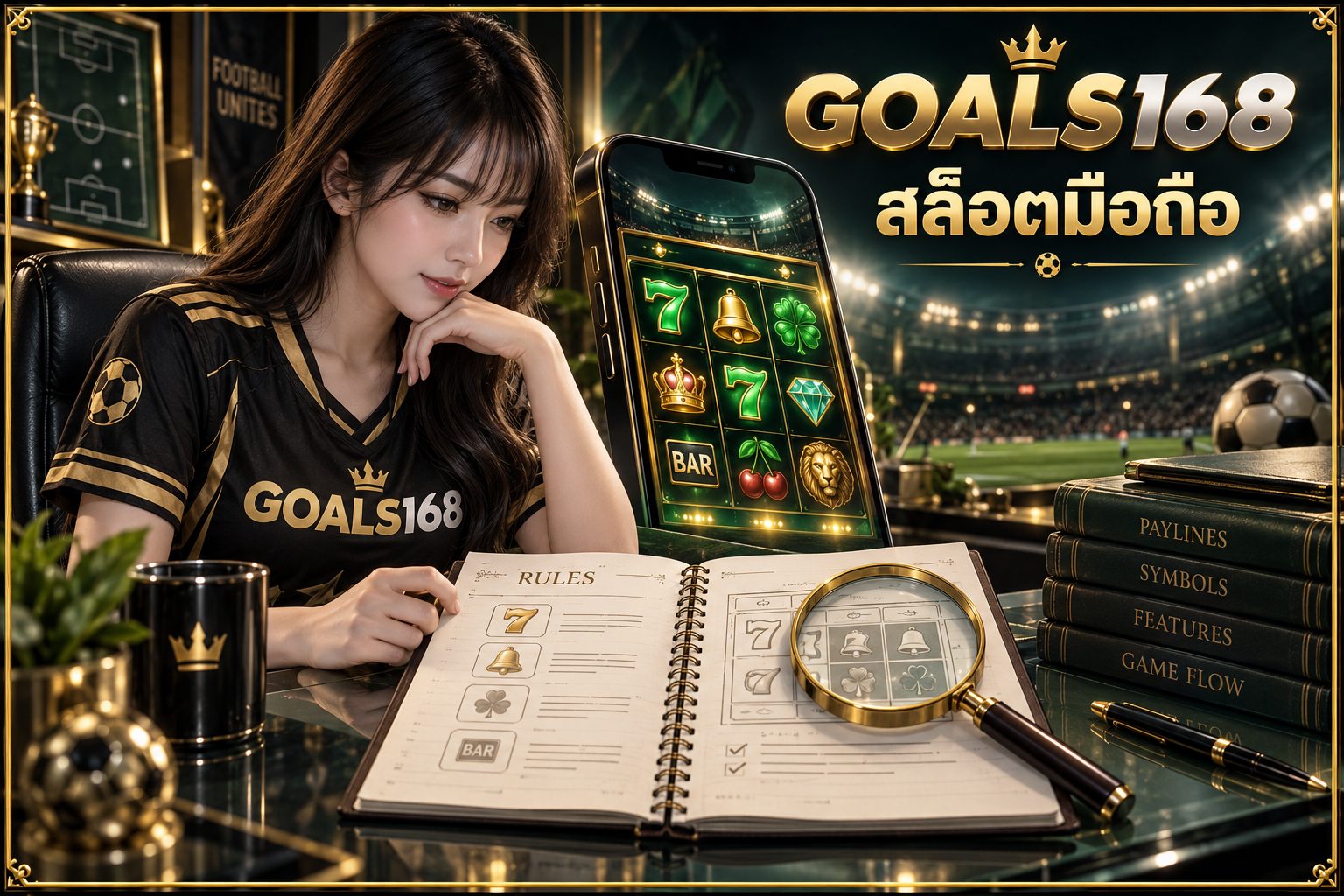 สล็อตมือถือ — GOALS168 ผู้หญิงอ่านสมุดข้อมูลและสัญลักษณ์จำลอง