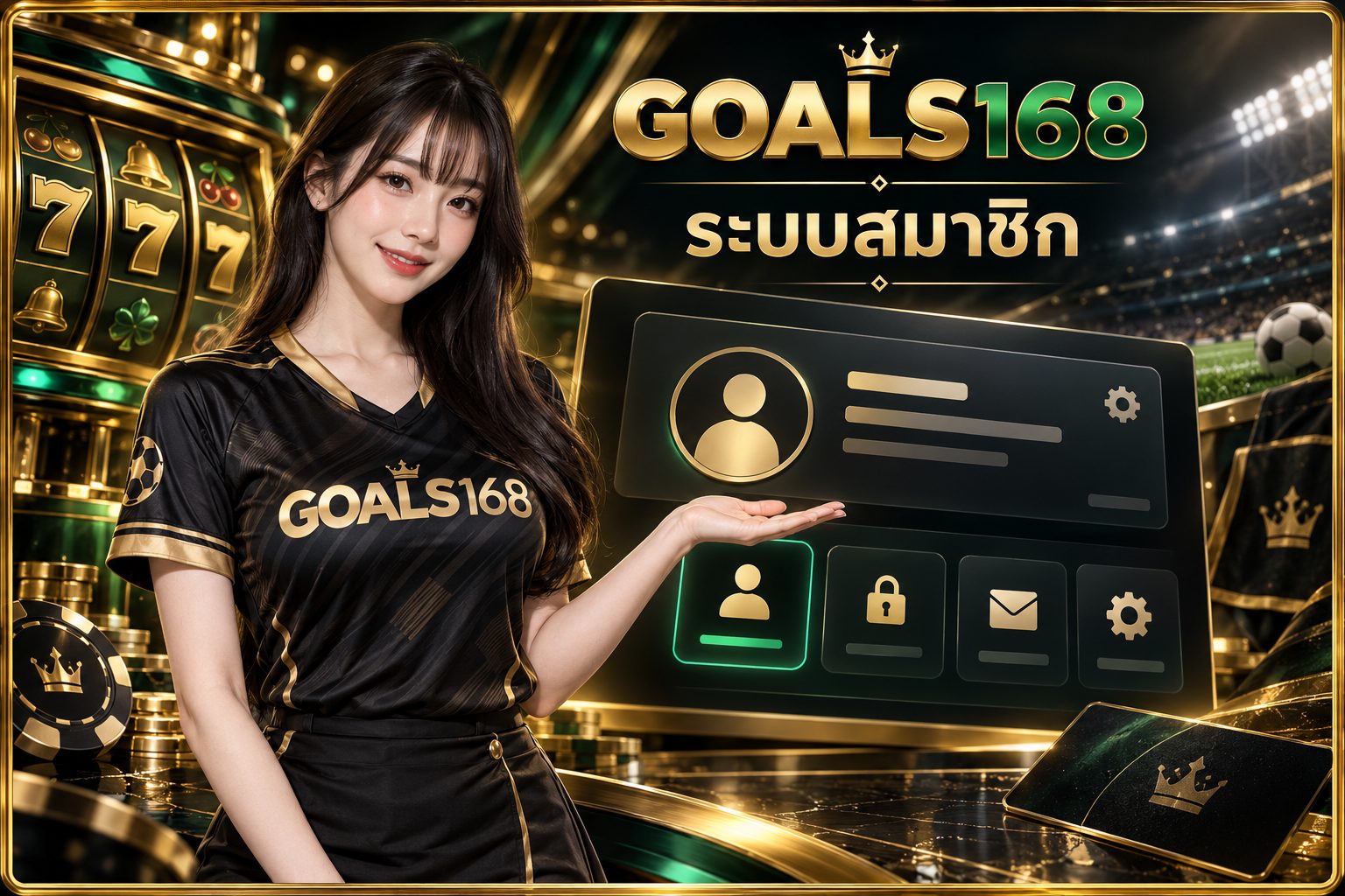 ระบบสมาชิก — GOALS168 ผู้หญิงเสื้อฟุตบอลกับแยกข้อมูลโปรไฟล์และสิทธิ์บัญชี ภาพประกอบจำลอง