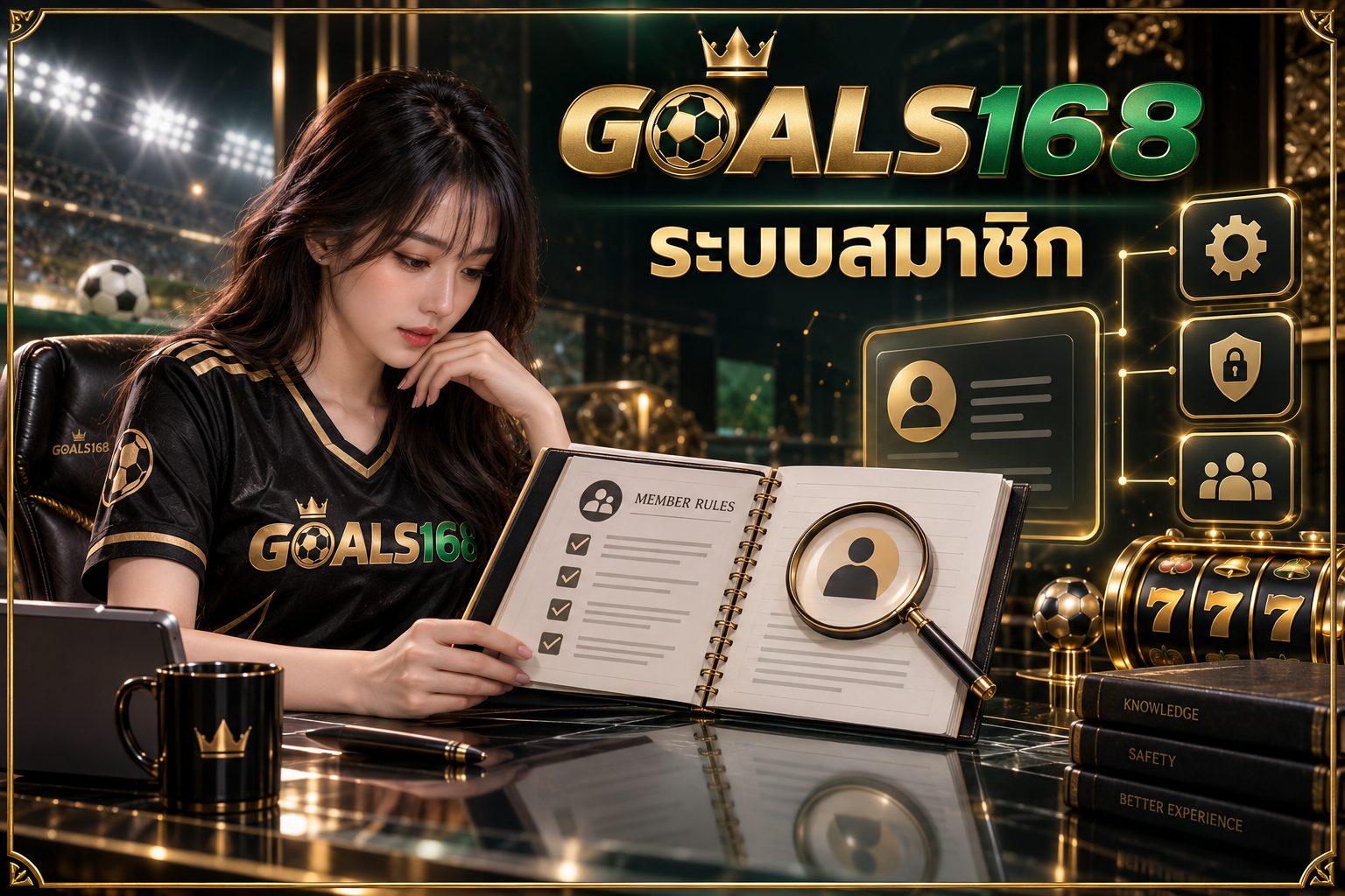 ระบบสมาชิก — GOALS168 ผู้หญิงอ่านสมุดข้อมูลและสัญลักษณ์จำลอง