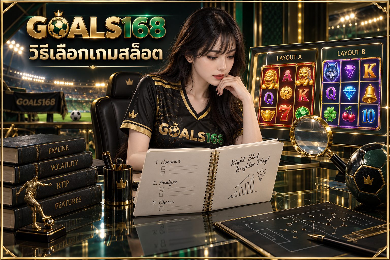 วิธีเลือกเกมสล็อต — GOALS168 ผู้หญิงอ่านสมุดข้อมูลและสัญลักษณ์จำลอง