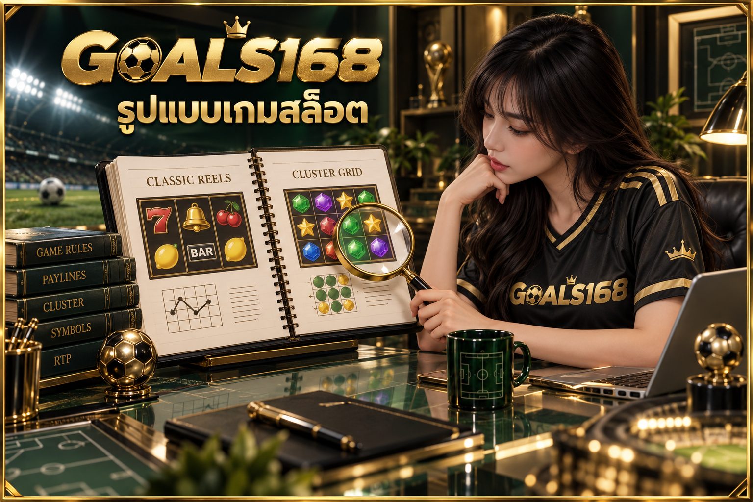 รูปแบบเกมสล็อต — GOALS168 ผู้หญิงอ่านสมุดข้อมูลและสัญลักษณ์จำลอง