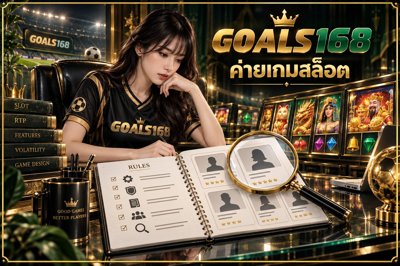 ค่ายเกมสล็อต — GOALS168 ผู้หญิงอ่านสมุดข้อมูลและสัญลักษณ์จำลอง