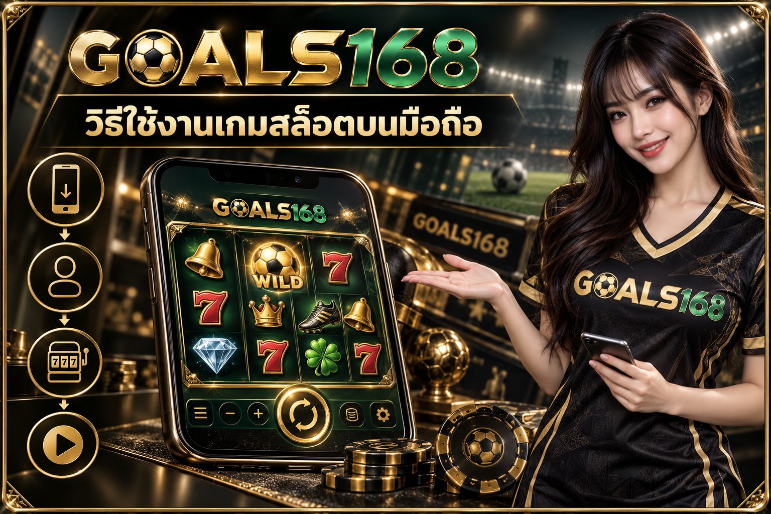 วิธีใช้งานเกมสล็อตบนมือถือ — GOALS168 ผู้หญิงเสื้อฟุตบอลกับลำดับตรวจหน้าเว็บและข้อมูลเกม ภาพประกอบจำลอง