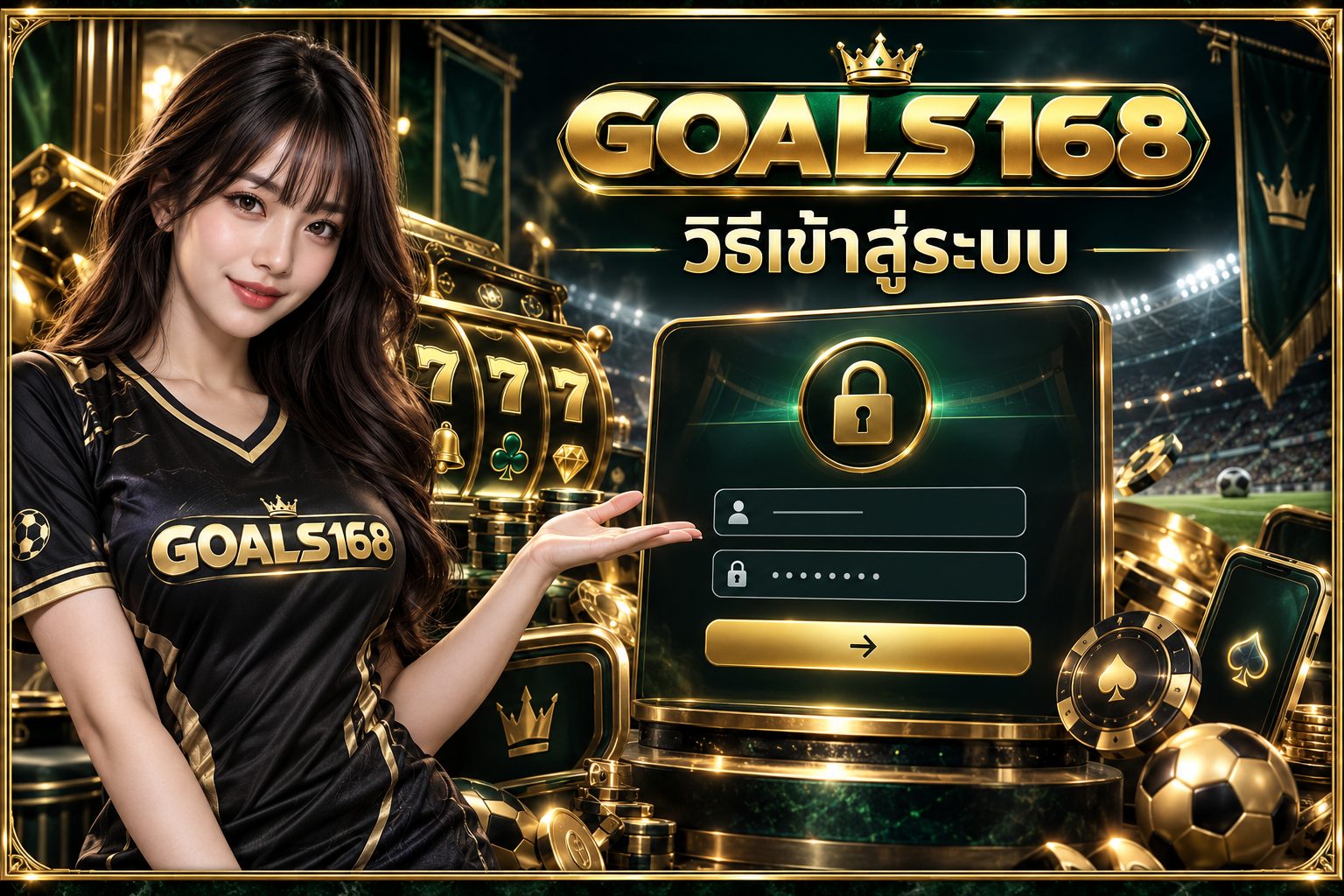 วิธีเข้าสู่ระบบ — GOALS168 ผู้หญิงเสื้อฟุตบอลกับตรวจปลายทางและข้อความแจ้งเตือน ภาพประกอบจำลอง