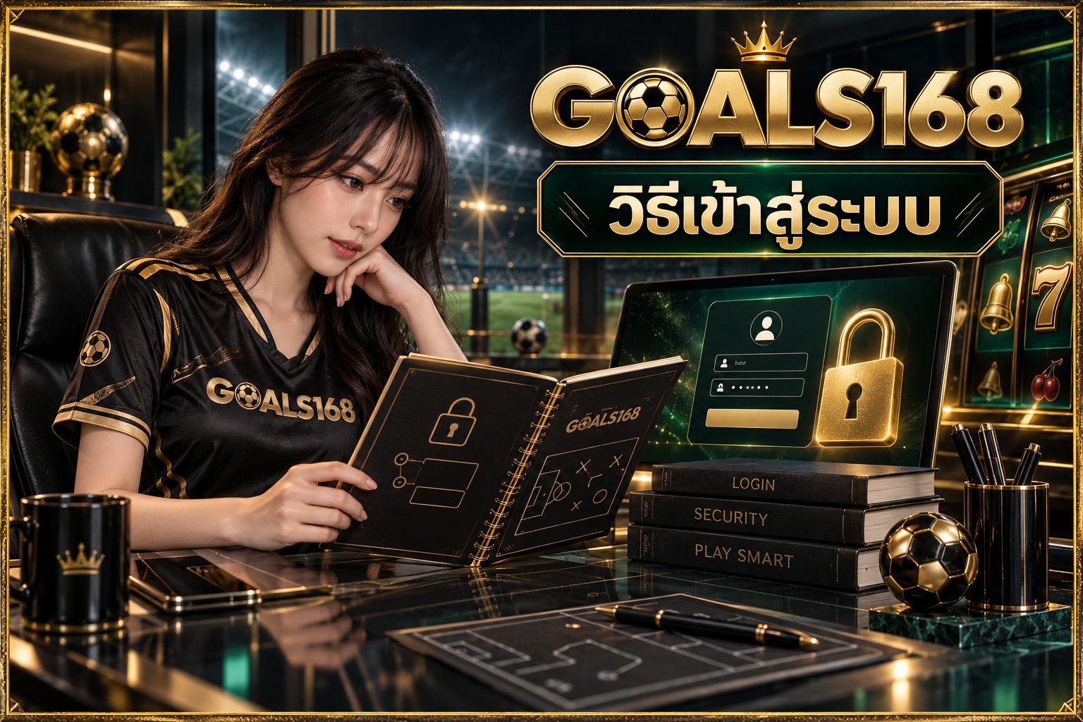 วิธีเข้าสู่ระบบ — GOALS168 ผู้หญิงอ่านสมุดข้อมูลและสัญลักษณ์จำลอง