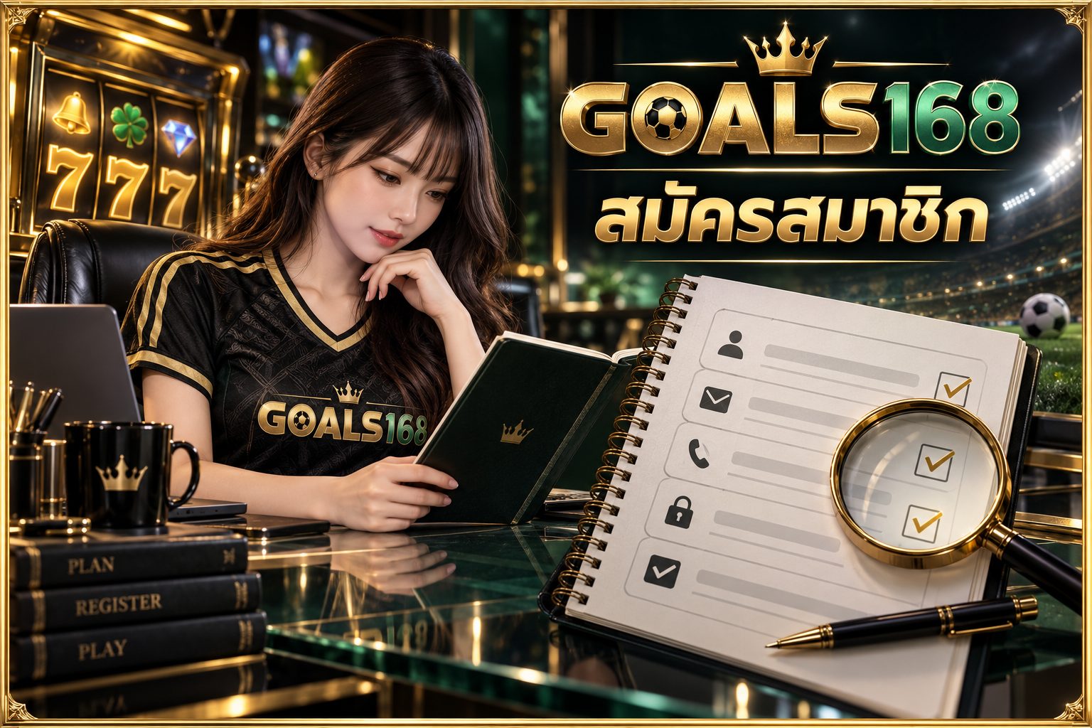 สมัครสมาชิก — GOALS168 ผู้หญิงอ่านสมุดข้อมูลและสัญลักษณ์จำลอง