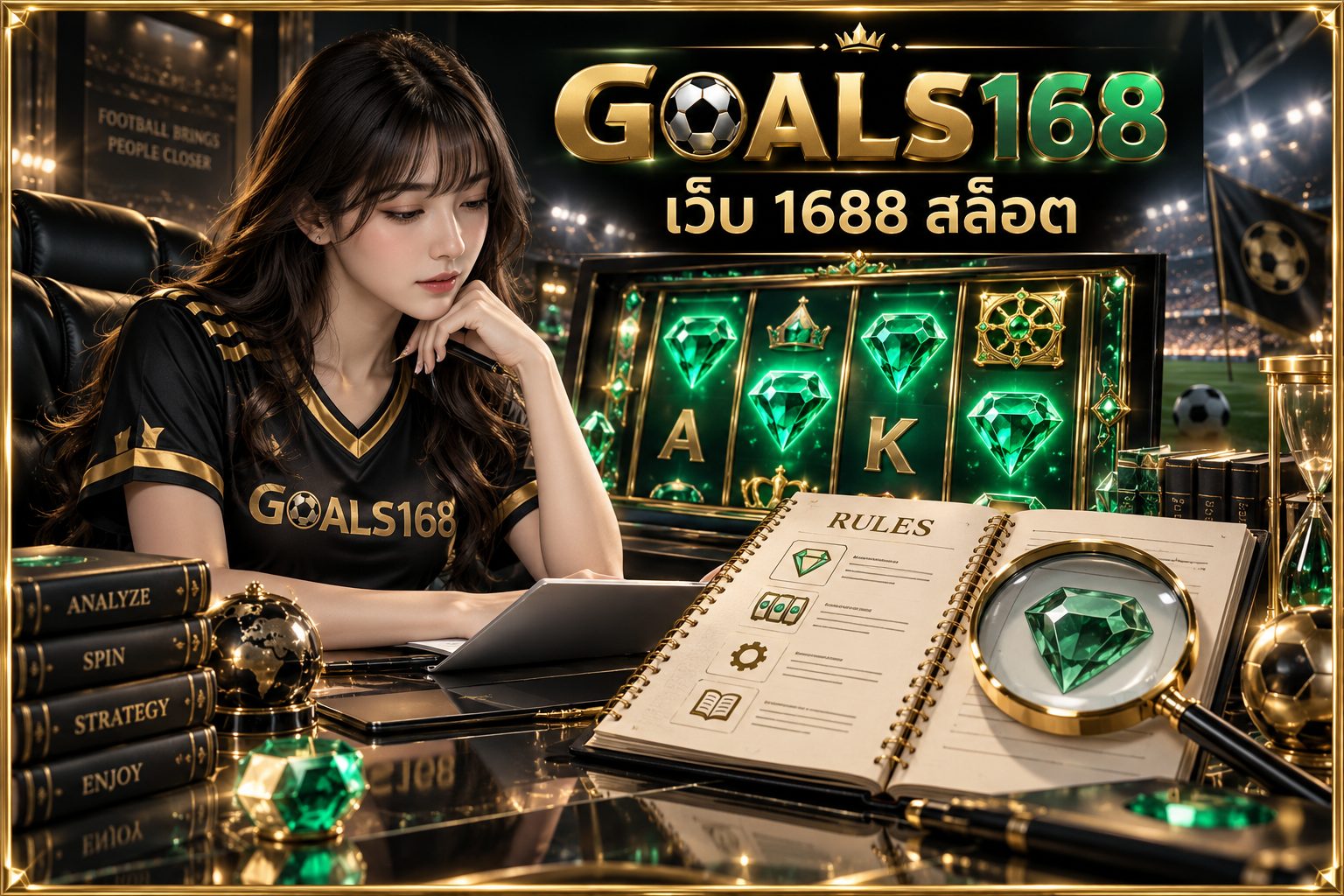 เว็บ 1688 สล็อต — GOALS168 ผู้หญิงอ่านสมุดข้อมูลและสัญลักษณ์จำลอง