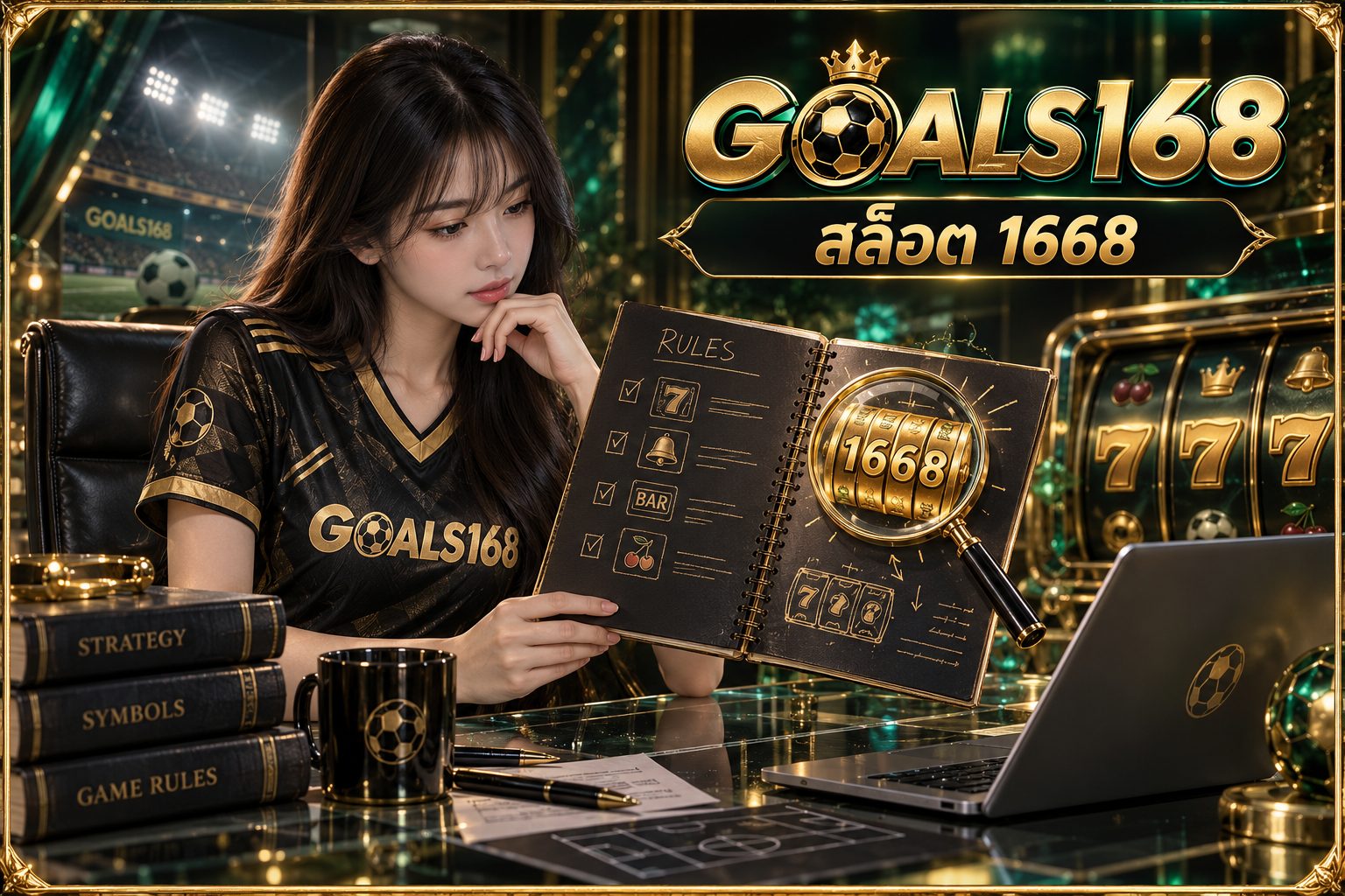 สล็อต 1668 — GOALS168 ผู้หญิงอ่านสมุดข้อมูลและสัญลักษณ์จำลอง
