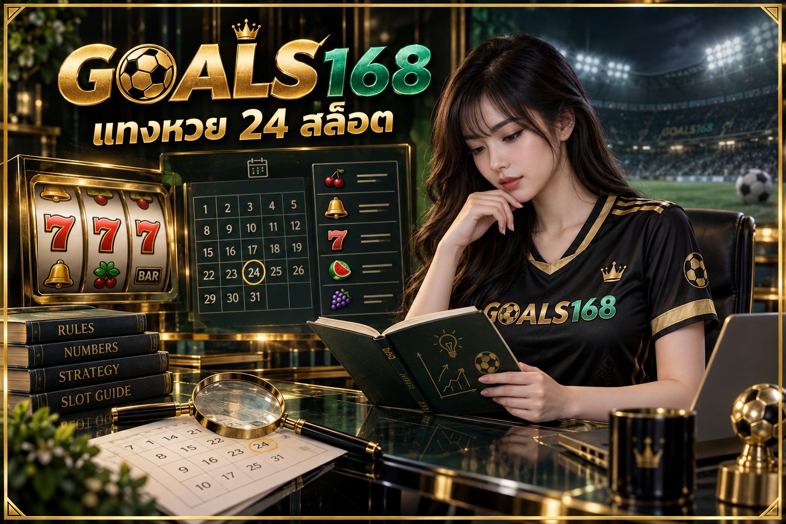 แทงหวย 24 สล็อต — GOALS168 ผู้หญิงอ่านสมุดข้อมูลและสัญลักษณ์จำลอง