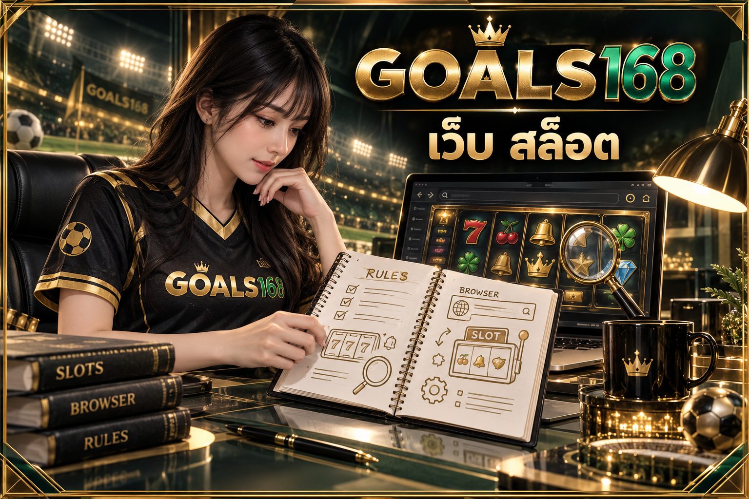เว็บ สล็อต — GOALS168 ผู้หญิงอ่านสมุดข้อมูลและสัญลักษณ์จำลอง
