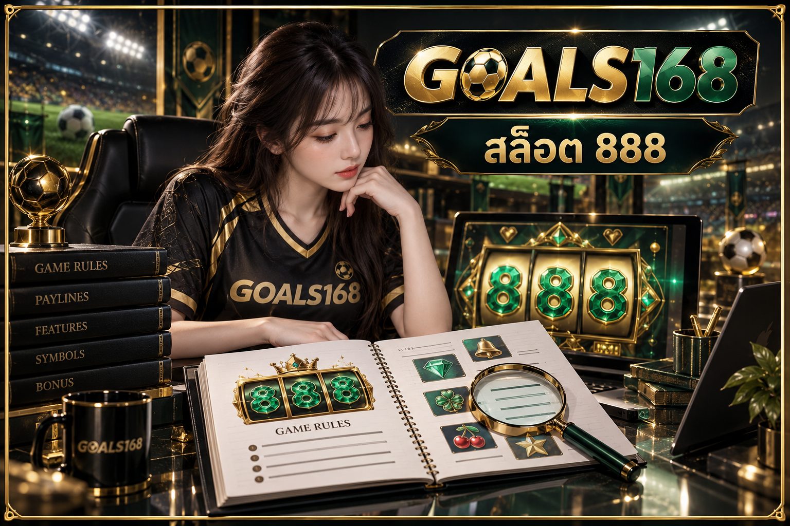 สล็อต 888 — GOALS168 ผู้หญิงอ่านสมุดข้อมูลและสัญลักษณ์จำลอง