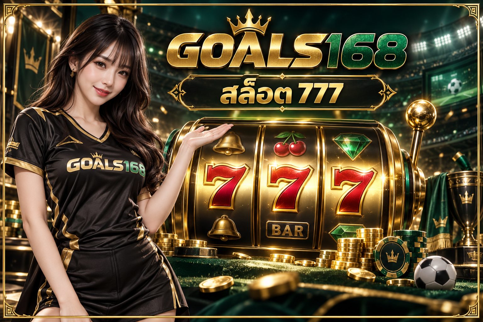 สล็อต 777 — GOALS168 ผู้หญิงเสื้อฟุตบอลกับอ่านเลขเจ็ดในฐานะสัญลักษณ์ ภาพประกอบจำลอง