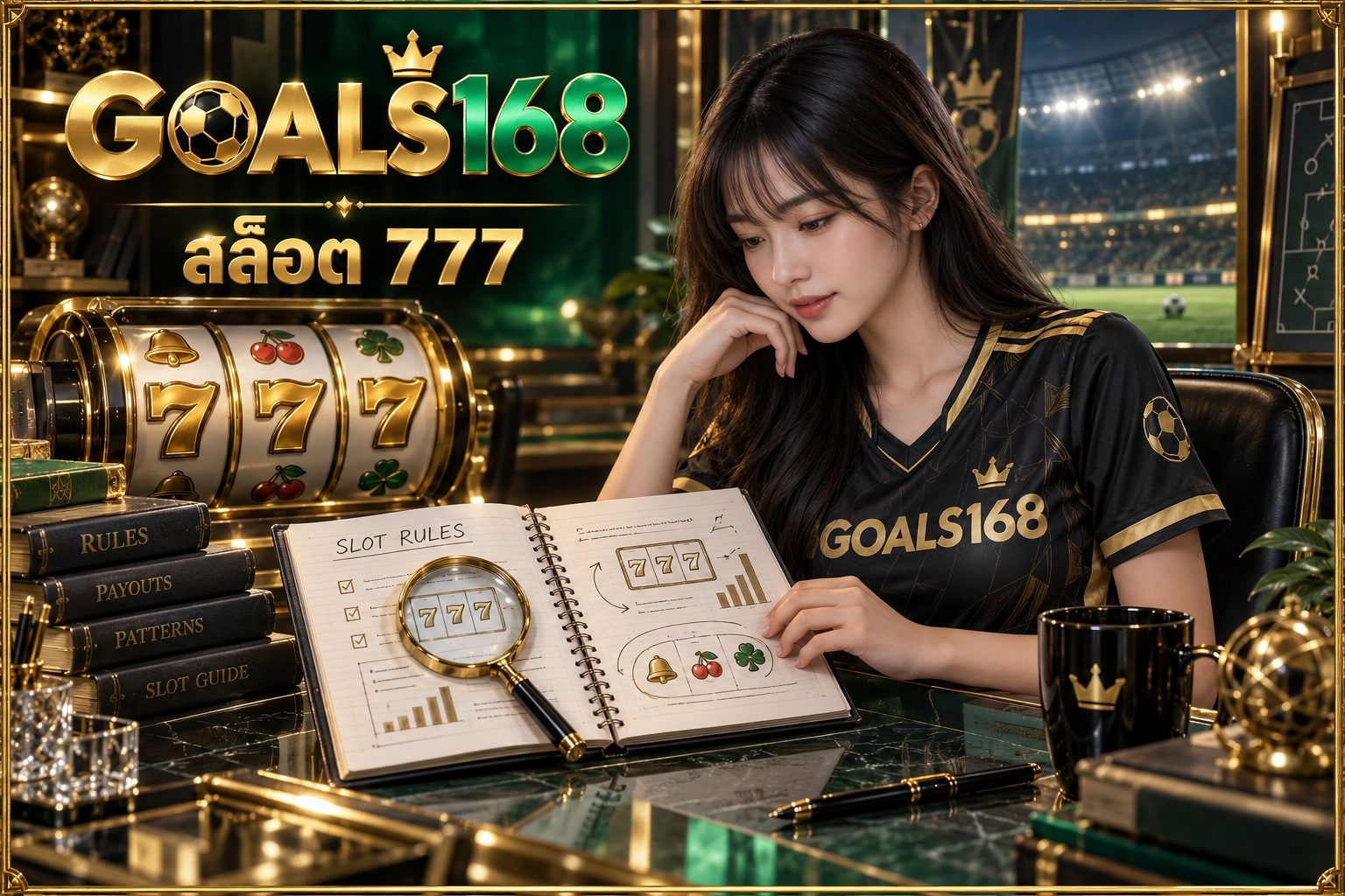 สล็อต 777 — GOALS168 ผู้หญิงอ่านสมุดข้อมูลและสัญลักษณ์จำลอง