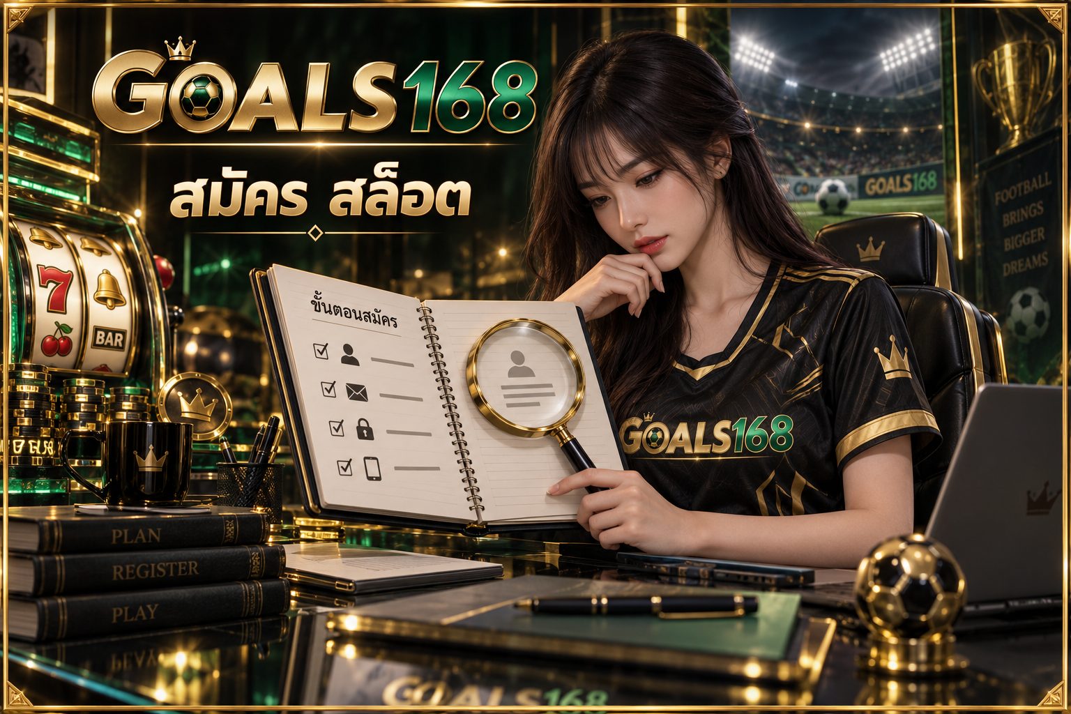 สมัคร สล็อต — GOALS168 ผู้หญิงอ่านสมุดข้อมูลและสัญลักษณ์จำลอง