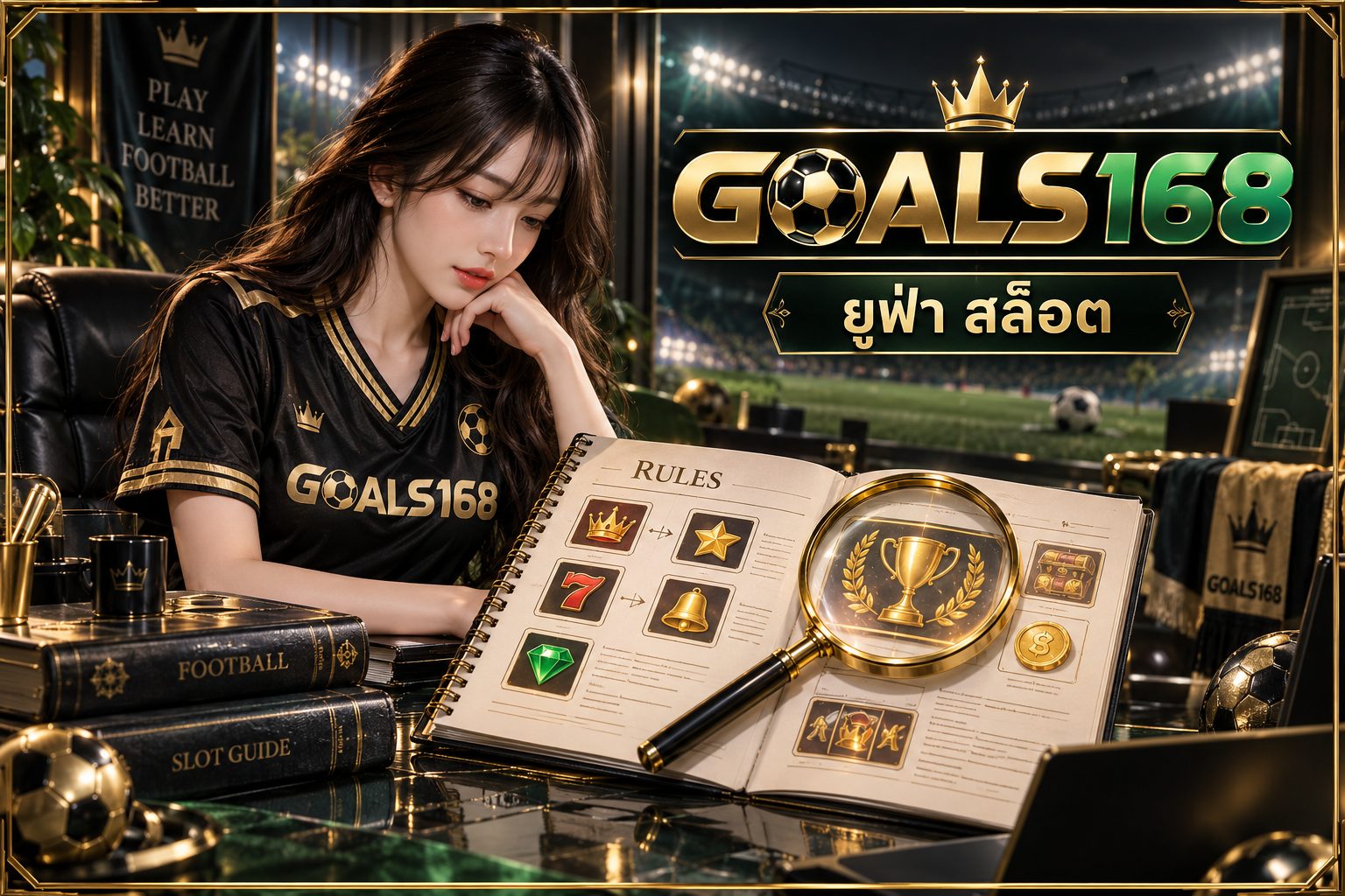 ยูฟ่า สล็อต — GOALS168 ผู้หญิงอ่านสมุดข้อมูลและสัญลักษณ์จำลอง