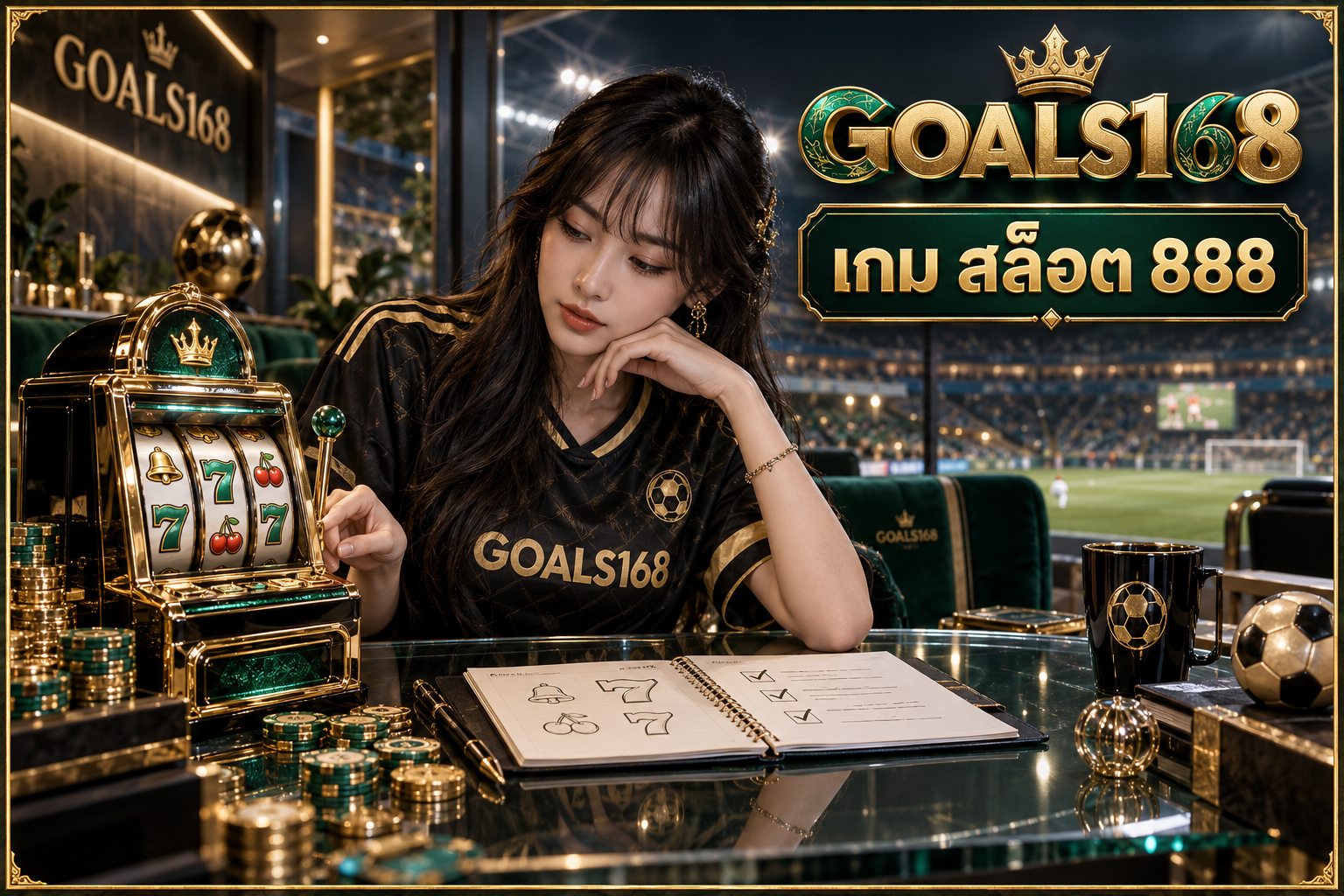 เกม สล็อต 888 — ผู้หญิงเสื้อฟุตบอล GOALS168 กับสมุดกติกากับตู้สล็อตจำลอง
