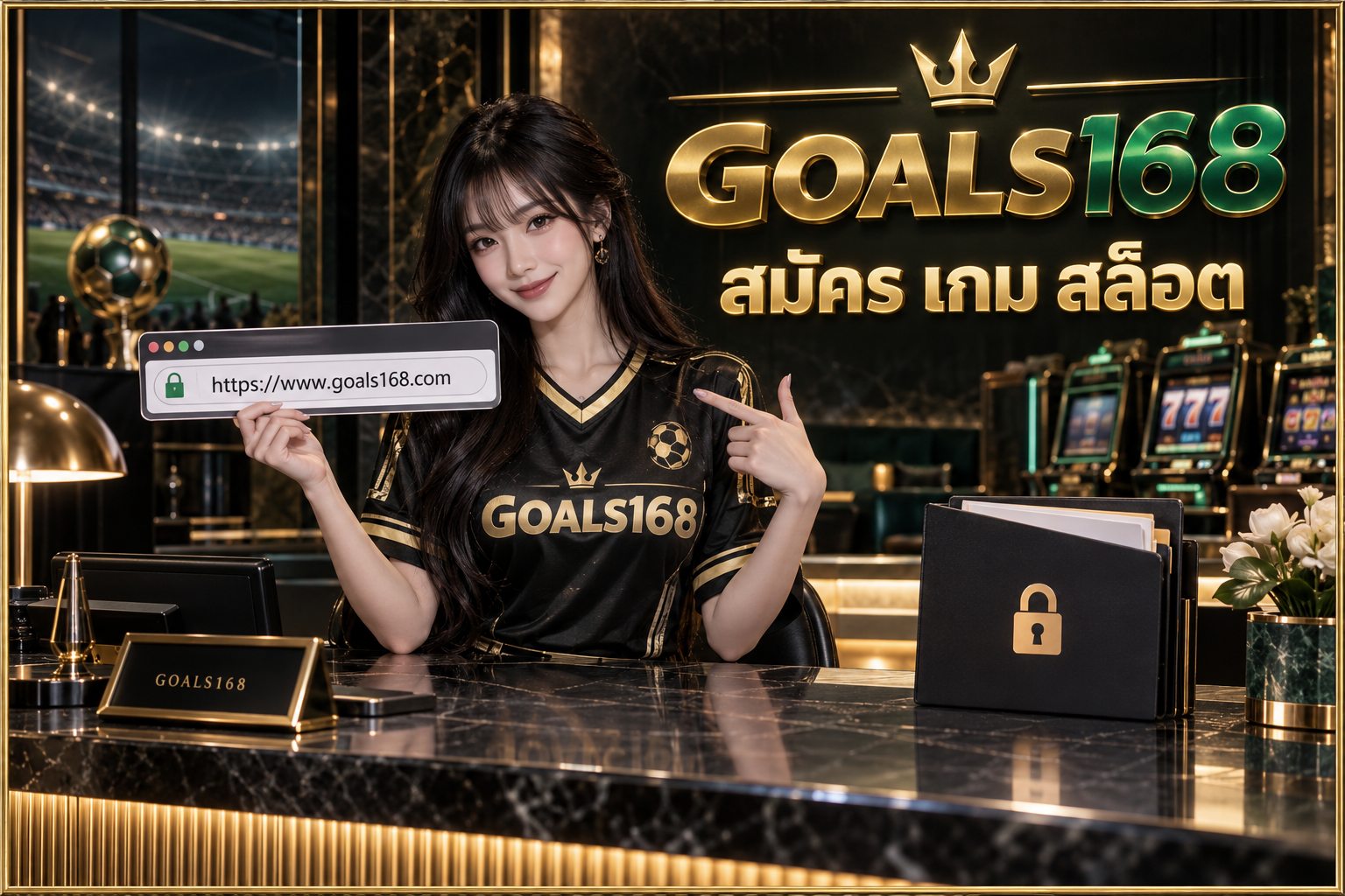สมัคร เกม สล็อต — ผู้หญิงเสื้อฟุตบอล GOALS168 กับป้ายที่อยู่เว็บไซต์กับแฟ้มความเป็นส่วนตัว