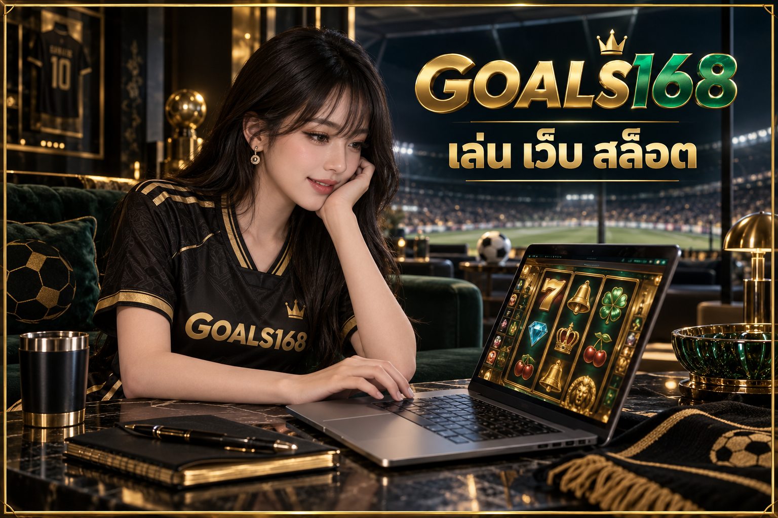 เล่น เว็บ สล็อต — ผู้หญิงเสื้อฟุตบอล GOALS168 กับหน้าจอสล็อตจำลองบนแล็ปท็อป