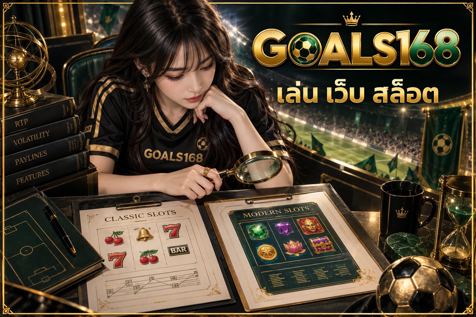 เล่น เว็บ สล็อต — ผู้หญิงเสื้อฟุตบอล GOALS168 กับคู่มือกติกาสองแบบและแว่นขยาย