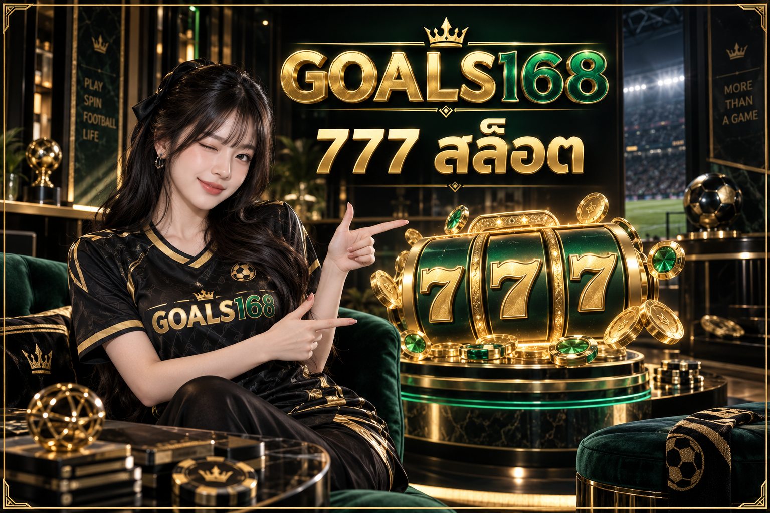 777 สล็อต — ผู้หญิงเสื้อฟุตบอล GOALS168 กับวงล้อสัญลักษณ์เลขเจ็ด