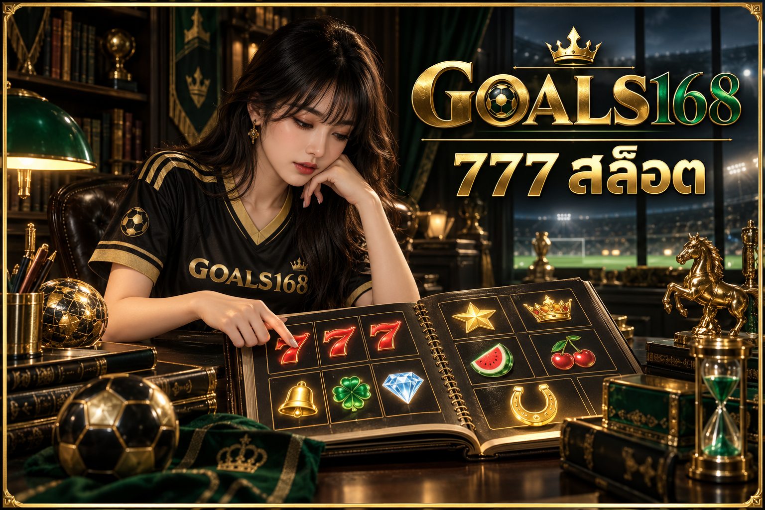 777 สล็อต — ผู้หญิงเสื้อฟุตบอล GOALS168 กับการ์ดสีของสัญลักษณ์และตารางจำลอง