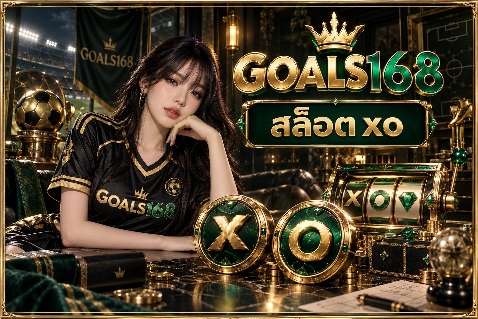 สล็อต xo — ผู้หญิงเสื้อฟุตบอล GOALS168 กับเหรียญสัญลักษณ์ X และ O