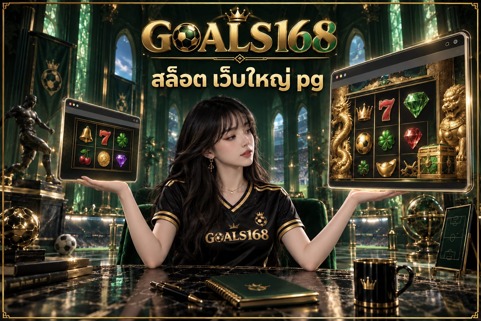 สล็อต เว็บใหญ่ pg — ผู้หญิงเสื้อฟุตบอล GOALS168 กับหน้าต่างเว็บไซต์สองขนาดกับวงล้อจำลอง