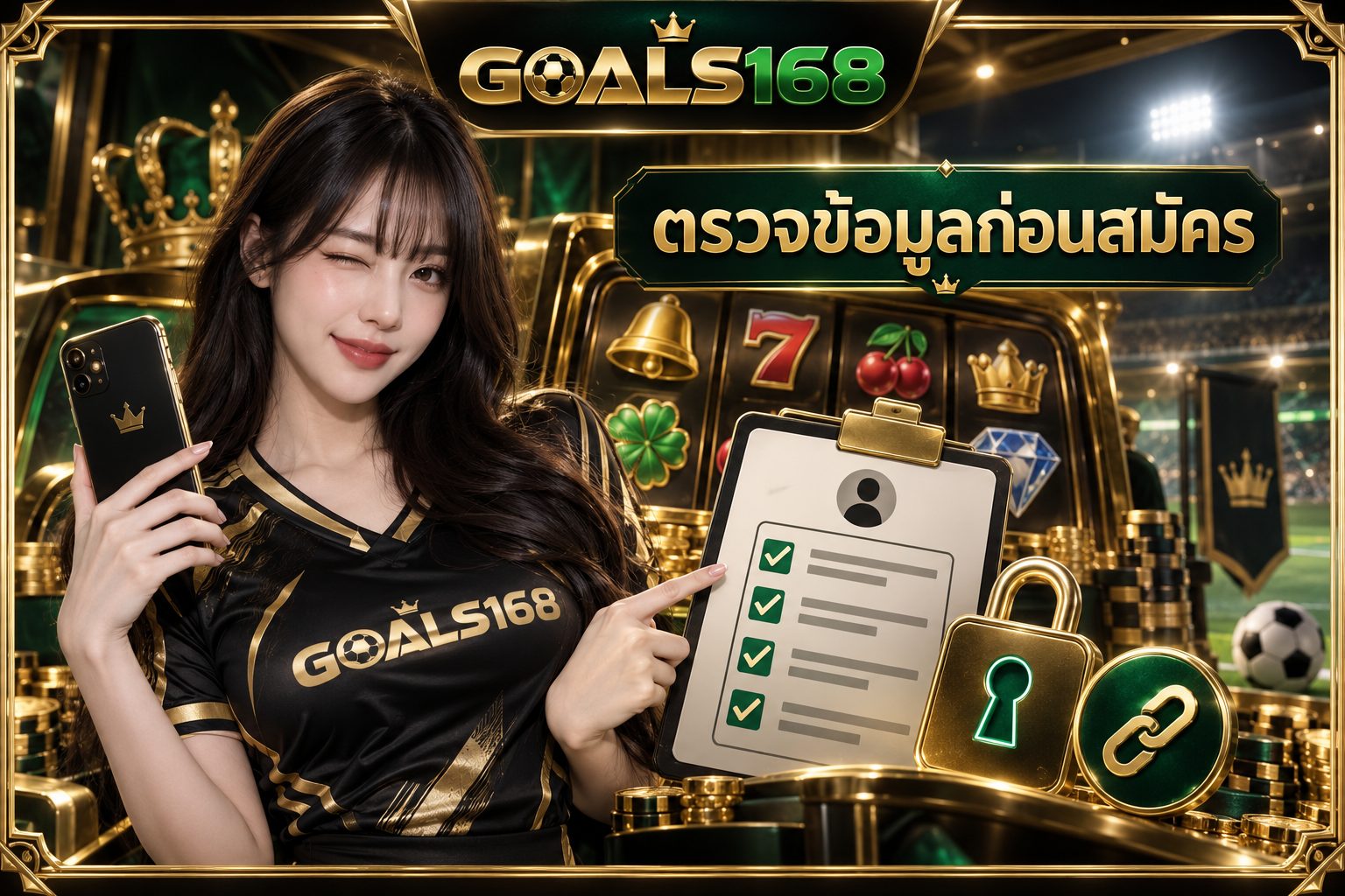 GOALS168 สมัครสมาชิก — ภาพผู้หญิงกับเช็กลิสต์ข้อมูลและไอคอนลิงก์