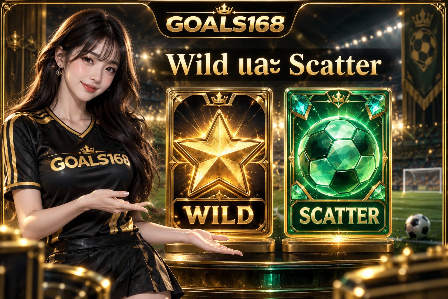 สัญลักษณ์เกมสล็อต — แผ่น Wild และ Scatter คู่กับผู้หญิงเสื้อ GOALS168