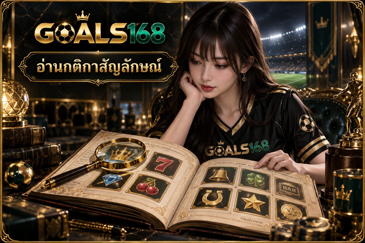 สัญลักษณ์เกมสล็อต — ผู้หญิงอ่านหนังสือกติกาจำลองและรูปสัญลักษณ์